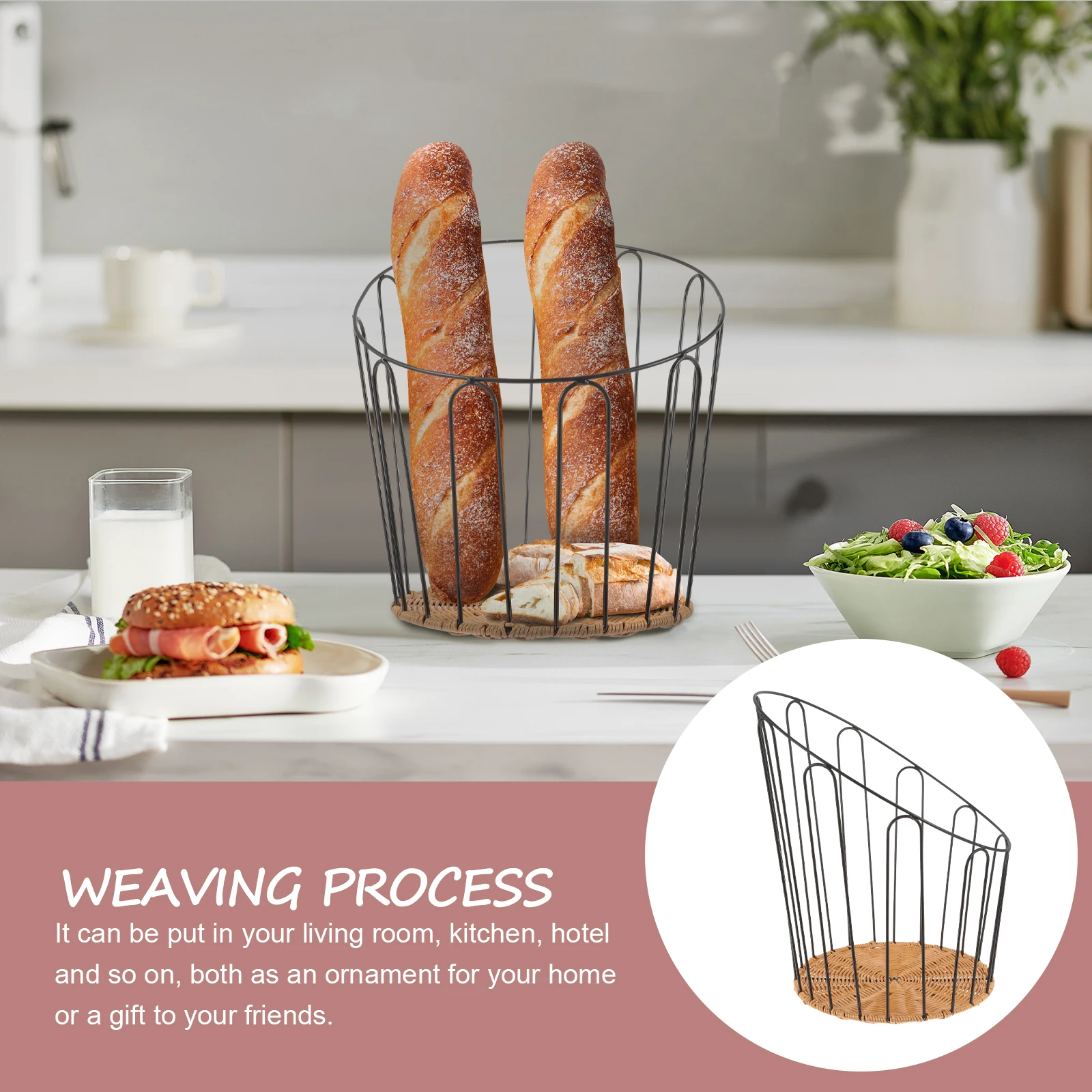 

Bread Basket Woven Iron Storage Baskets for Kitchen Counter Fitted Picnic Crate Baguette Small Rustic Baking Pan Multifunctional