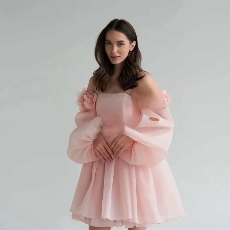 

2026 Chic Organza Prom Dresses Pink 3D Handmade Flowers Short A Line Lace Up Back Lantern Sleeves Vestido De Gala Customized