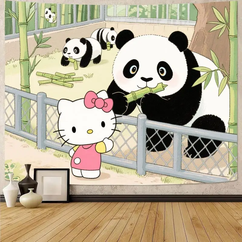 

1 шт. Sanrio Hello Kitty & Panda Eating Bamboo Zoo Гобелен, Kawaii Полиэстер Настенное Искусство, Декор Для Девочек Детской Спальни Гостиной Подарок