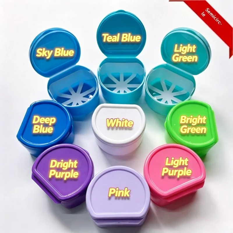 BPA Free Plastic Denture Bath Case Drain Strainer Multiple Bright Color Daily Oral Care Travel Use