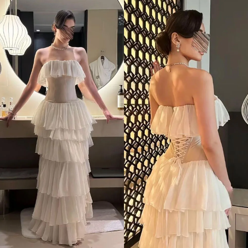

High Quality Customized Floor Length Tiered Wrinkle Back Strap Sleeveless Robe Pour Mariage Invité Vestidos De Fiesta Para Bodas