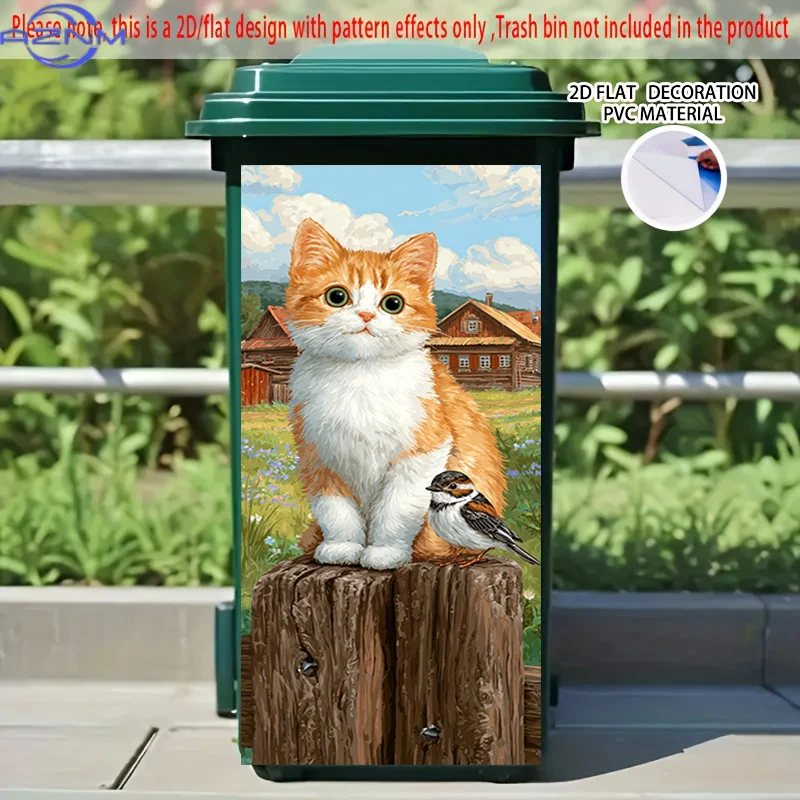 2D Flat Printing 1pc 2D Pattern Printed Kitchen Trash Can Sticker xcm, Cat and Sparrow Perching on a Wooden Stake Themed Kitch