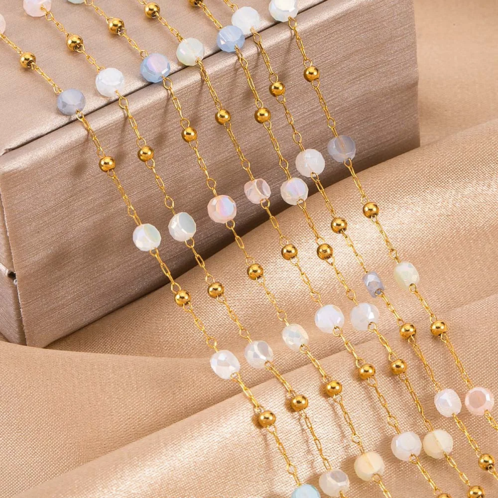 1M Beige Flat Round Crystal Beaded Chains Stainless Steel Link Chain for DIY Boho Necklace Bracelet Chain Jewelry Making Supply