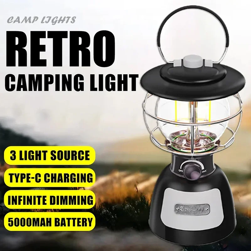 Rechargeable Retro Camping Light Portable 3 Lighting Modes Camping Lantern Stepless Dimming 4000mah Tent Light Camp Power Bank