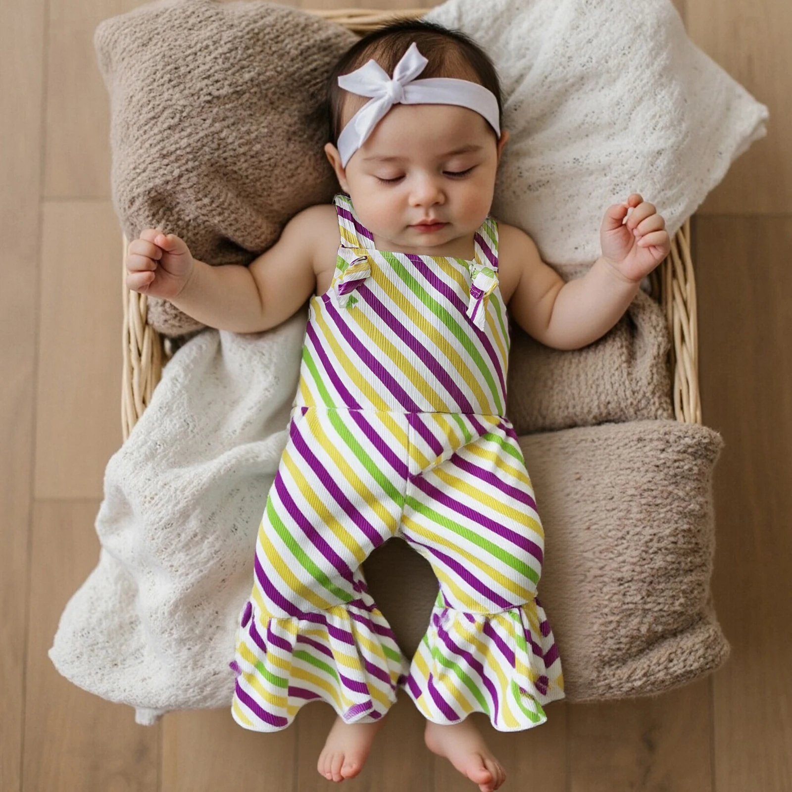 Kids Infant Girls Jumpsuit, Tie-up Halterneck Backless Stripes Print Romper Clothes for Party Casual