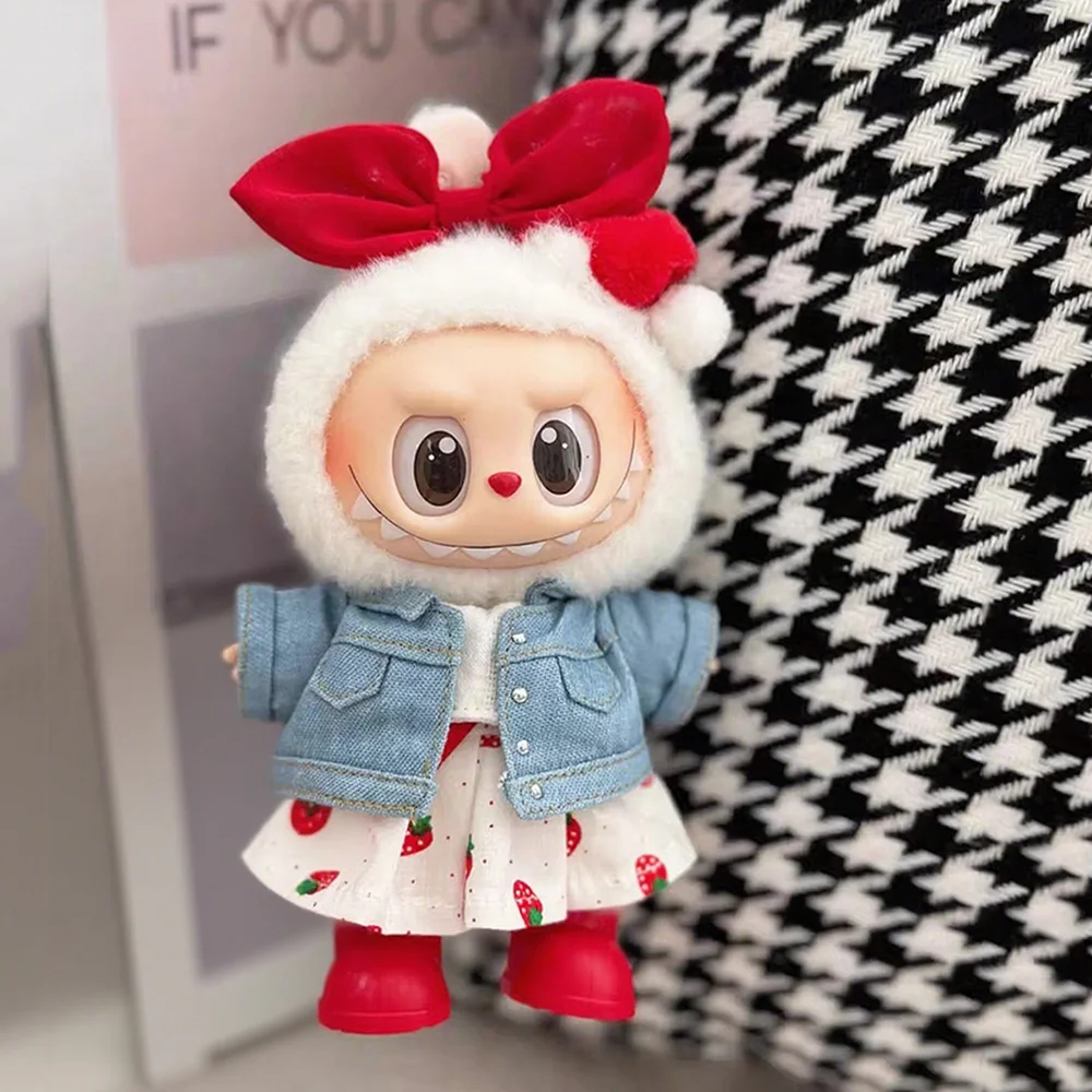 

[Без куклы] Комплект одежды для Labubu Клубничное платье Джинсовая куртка Красочные наушники и обувь Симпатичные плюшевые наряды для 1-3 поколения