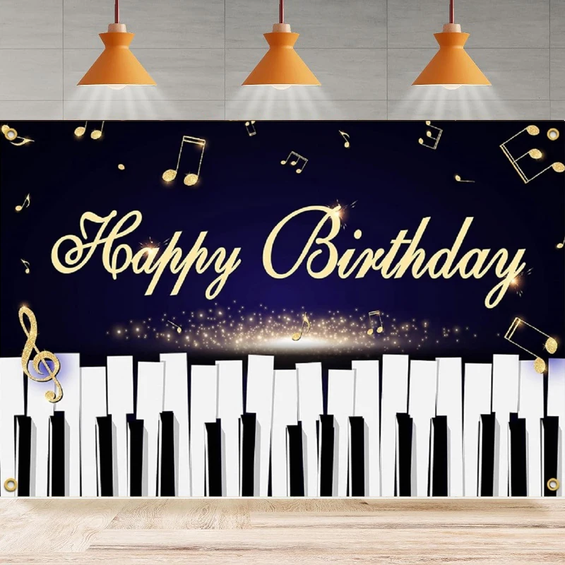 

Piano Photography Backdrop Banner Decor Black Gold Musical Notes Keys Happy Birthday Party Theme Decoration Background Poster