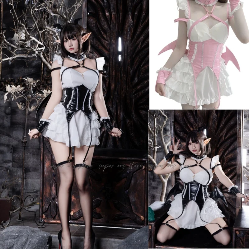 Anime japonês lolita vestido feminino halloween diabo empregada unifrom cosplay trajes sexy sem costas babados festa de fadas mini vestidos