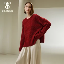 LILYSILK Merino Wool Sweater 2023 Winter Side Slit Crewneck Dropped Shoulder Cable Knitted Holiday Clothing Free Shipping