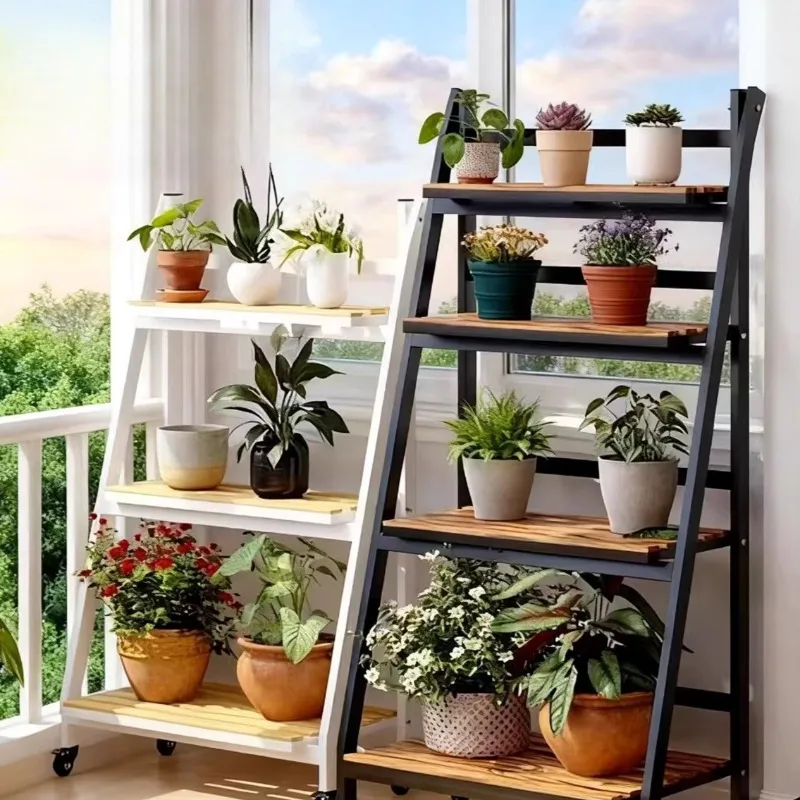 Foldable Mobile Plant Stand, Solid Wood Iron Floor Shelf for Flowers,Indoor Outdoor Rolling Flower Pot Holder Rack, Space Saving view 2