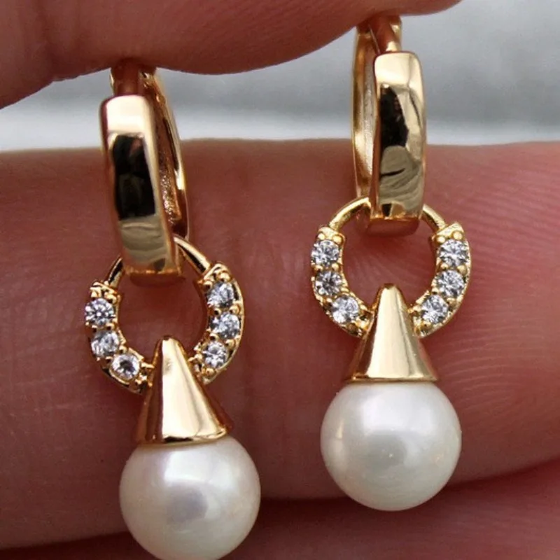 BKBK Gold CZ Half Circle Cone White Pearl Drop Huggie Dangle Women Earrings Wedding Earrings for Valentine Christmas 4th of July Minimalist Chic Bridal Jewelry for Brides Bridesmaids Adult Ladies Office Wedding Occasion