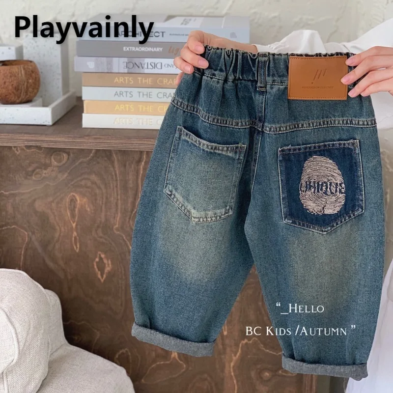 

Новинка 2024, весенне-осенние модные джинсовые брюки для мальчиков, синие джинсы с эластичной резинкой на талии и карманами, повседневные свободные детские брюки A0395