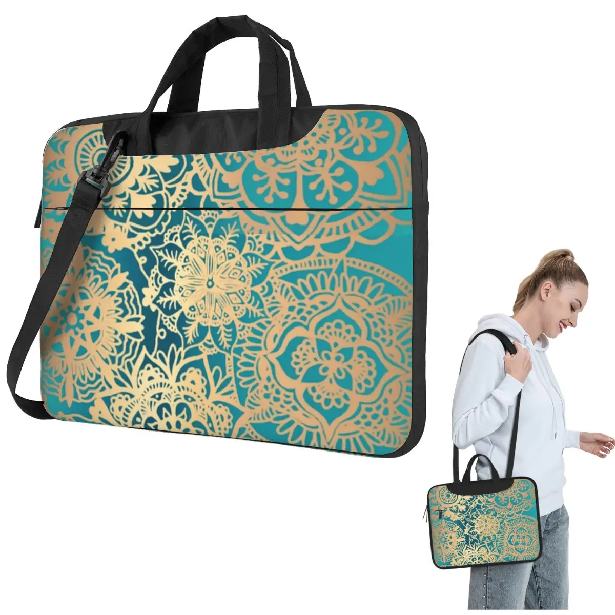 

Teal Green And Gold Mandala Laptop Bag Case Resistant Protective Computer Bag 13 14 Inch Crossbody Laptop Pouch Notebook Pouch