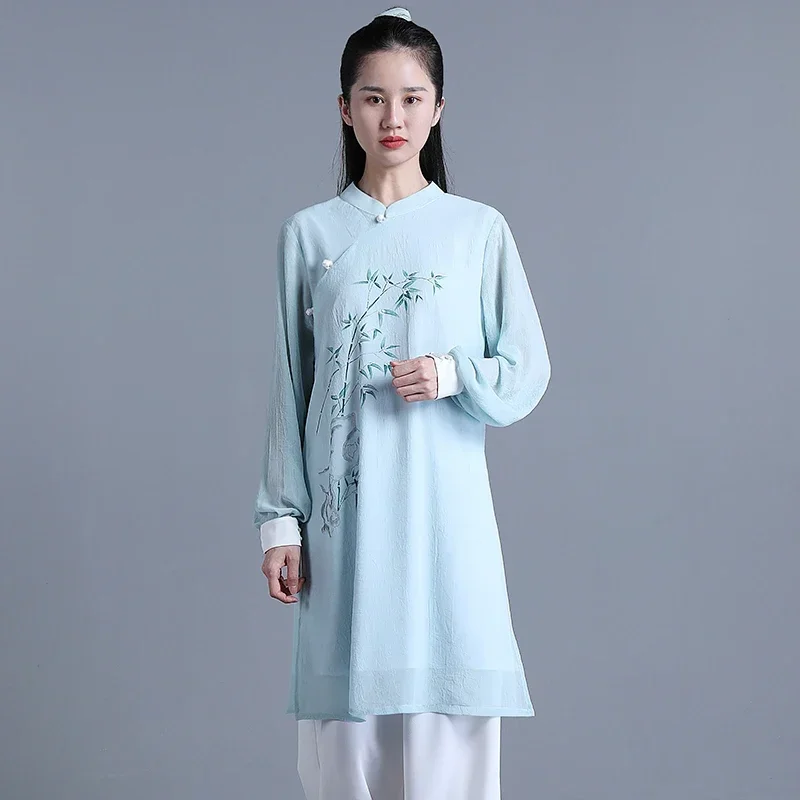 Tai Chi Clothes Women Wushu Clothes Kung Fu Competition Clothes Martial Art Uniform Wrinkle Free Hand Painted 2022 Cyan
