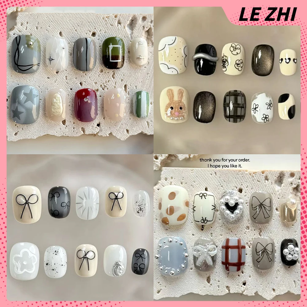 

Kawaii Hand-Drawn Flowers Bowknot Stars Handmade Short Square Round Press On Nail Pearl Steel Ball Butterfly Cat Eyes False Nail
