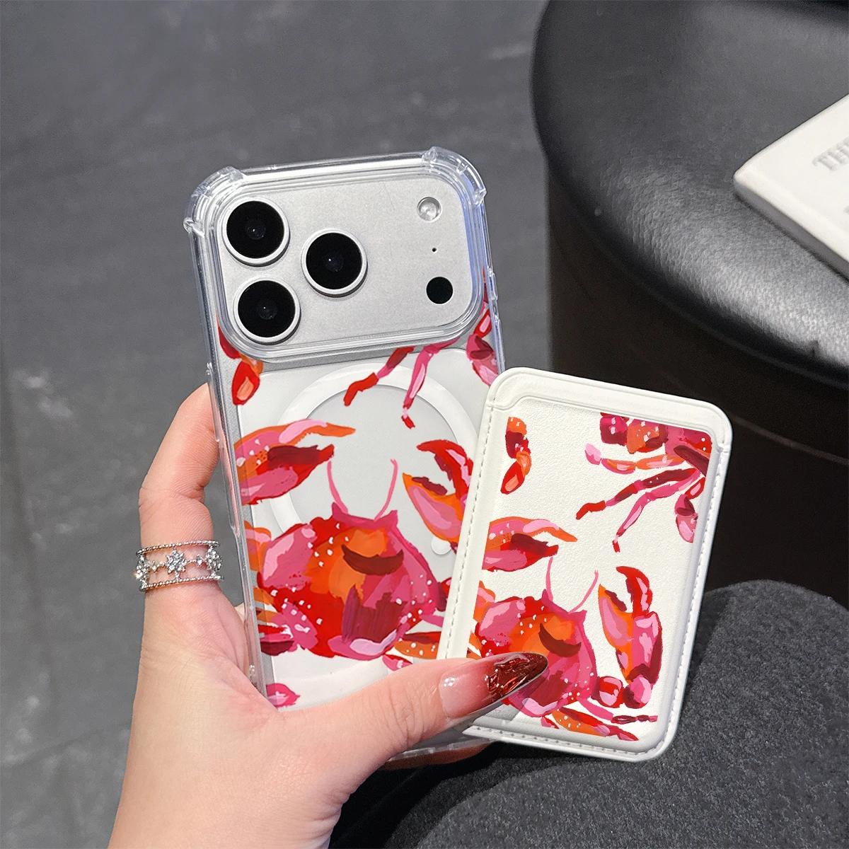 Art Red Crab Phone Case For iPhone 17 16 15 14 13 Pro Max Plus Wallet Pocket Transparent Soft TPU for Magnetic Phone Case view 2