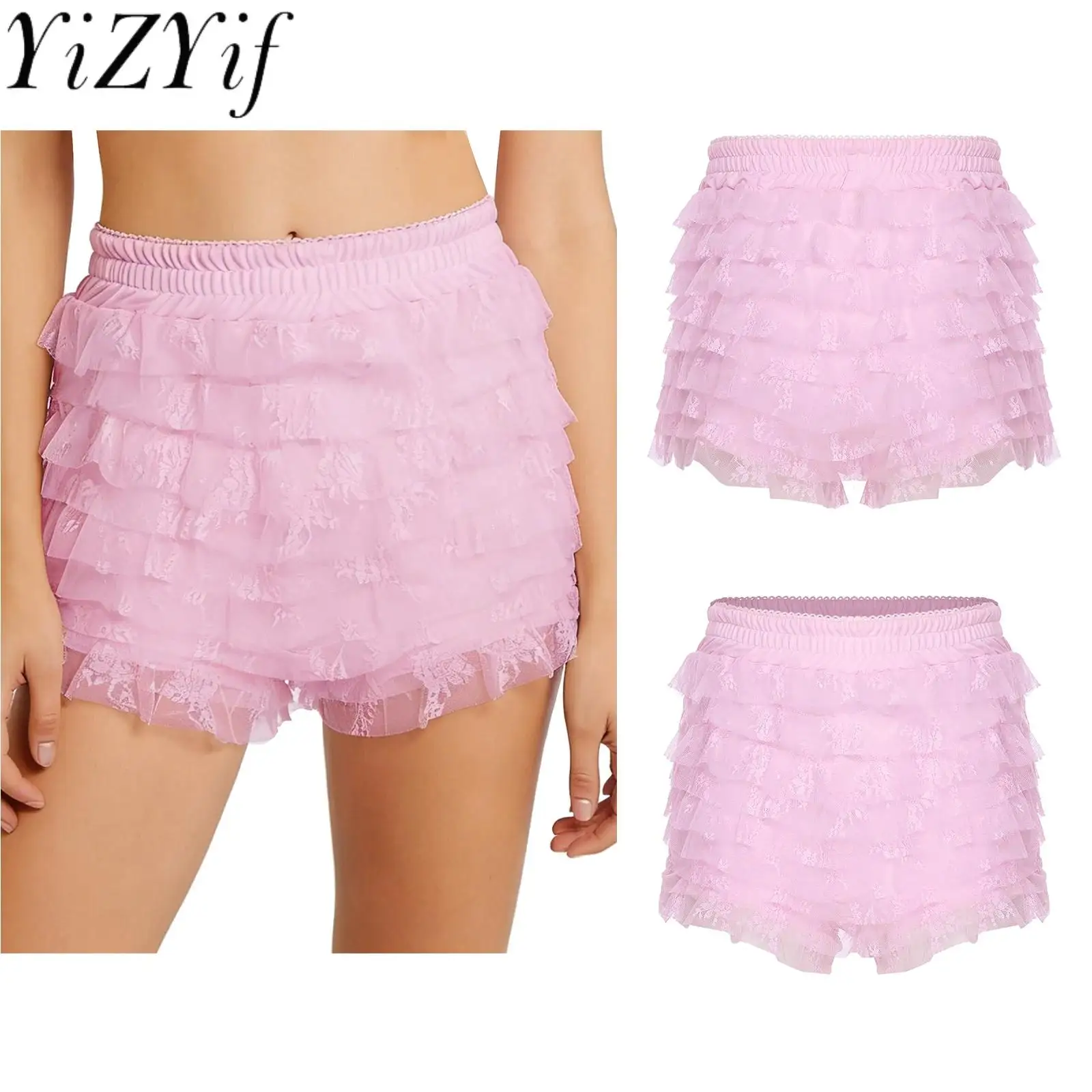 

Женские модные многоярусные кружевные шорты с рюшами, эластичный пояс, шорты-кюлоты, шорты для повседневного повседневного костюма в стиле аниме