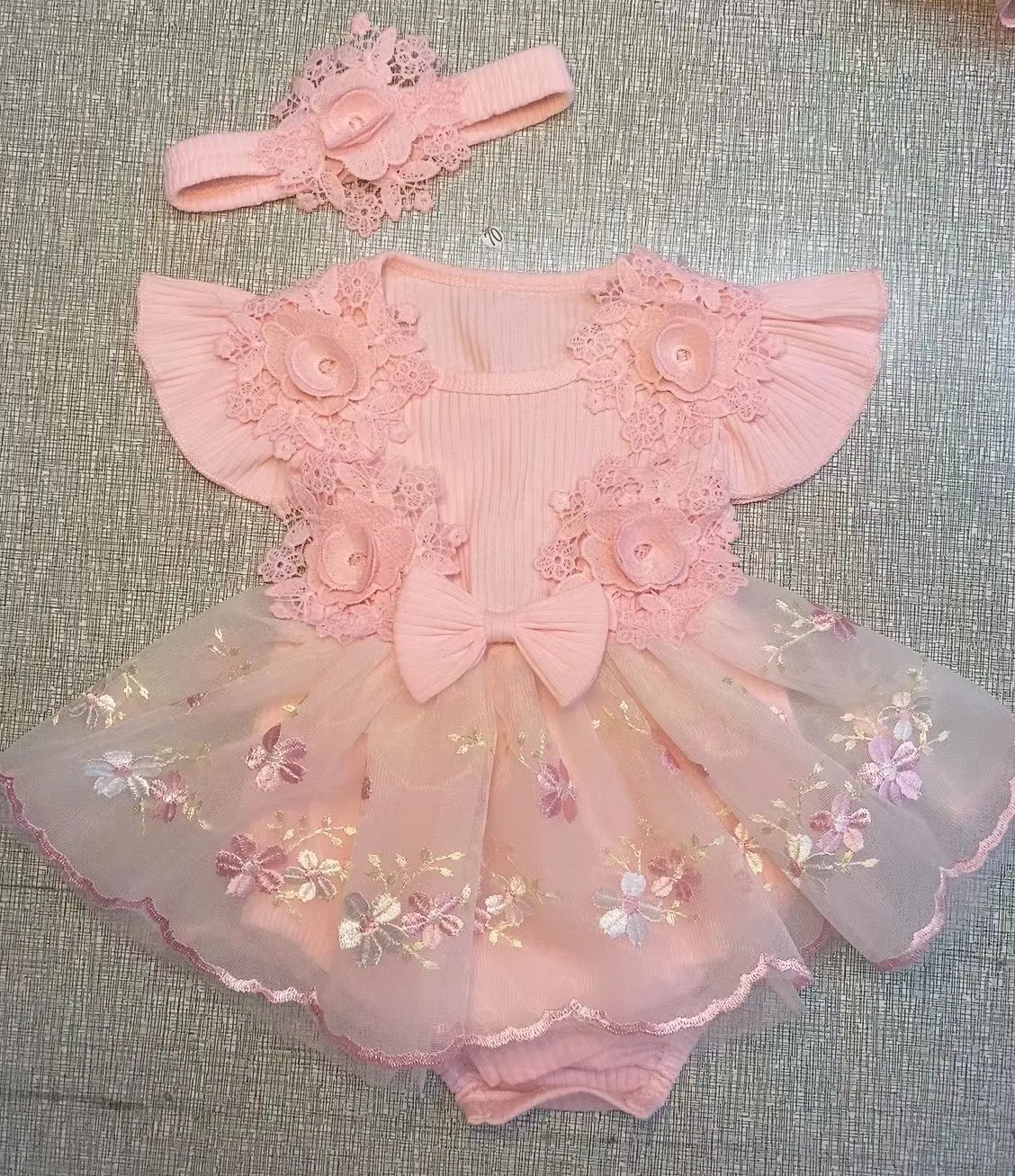 Romper bordado floral bebê menina, manga voadora, vestido de tule com bandana, roupas de verão, 2 peças