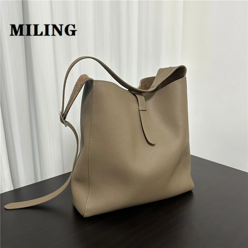 Luxury Genuine Leather Tote Bag Fashion Solid Color Women's Shoulder Bag Large Capacity Bag Commuting Tote Cowhide Bucket Pouch