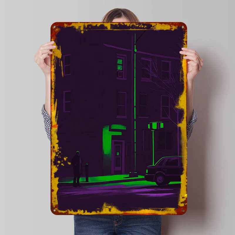 Nachtszene mit Figur und Auto Blechposter Individuelle Wandkunst Vintage Metallschilder Retro Blechschild für Raumdekoration Männerhöhle