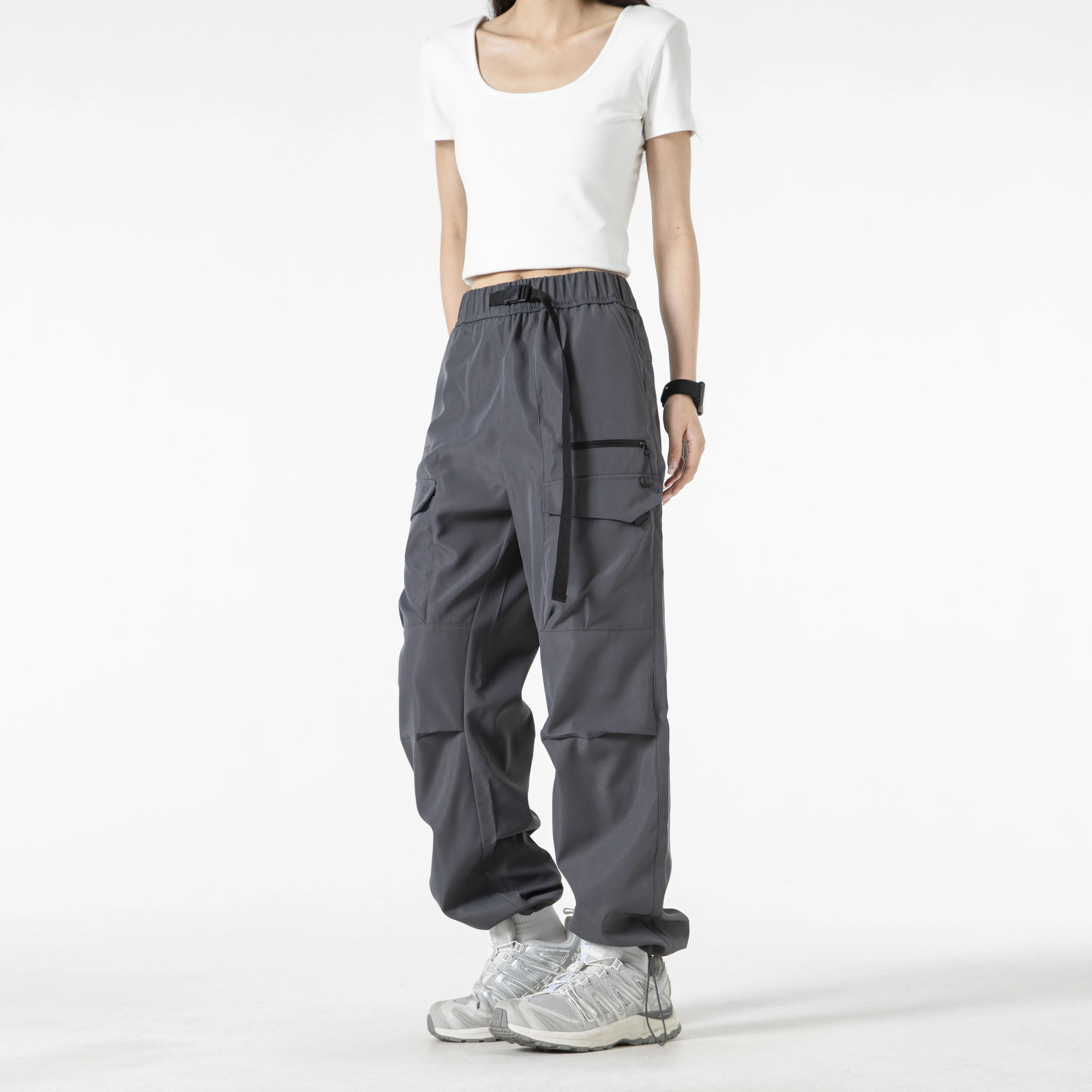 

Dark grey windbreaker pants for men's autumn outdoor large pocket workwear pants American high street casual long pants