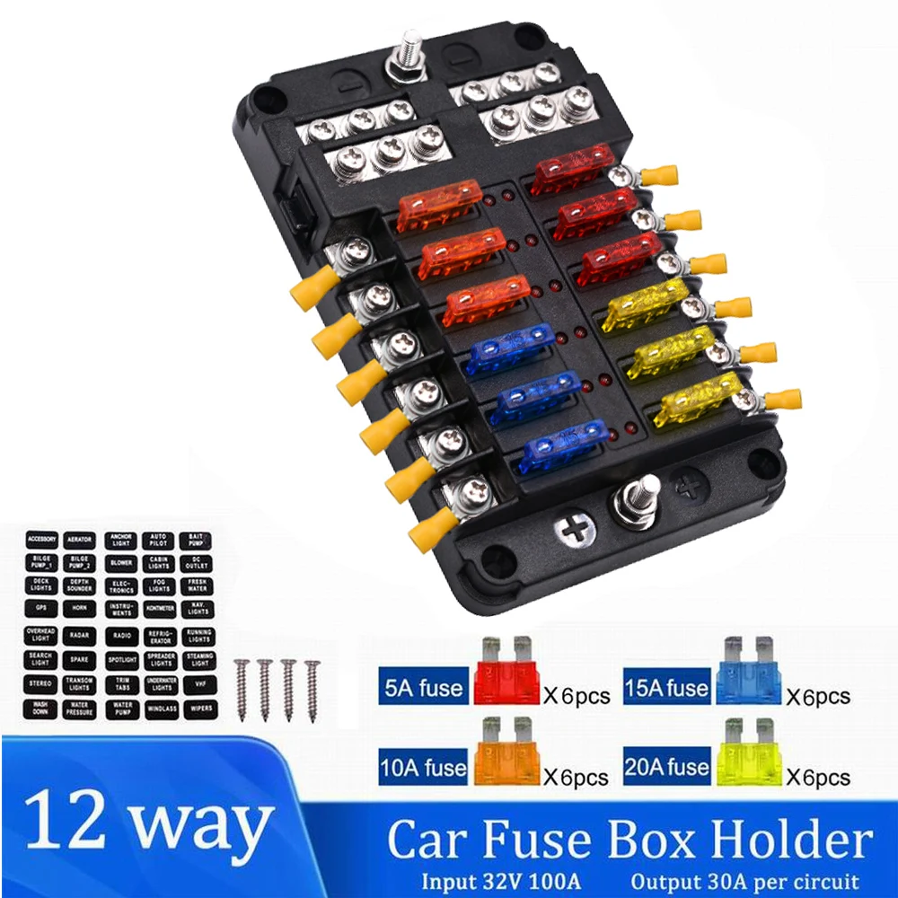 12 way Car Blade Holder Fuse Box 12ways Modified Terminal Block Fuse with LED Warning Light for Car Boat Marine Trike 12V 24V