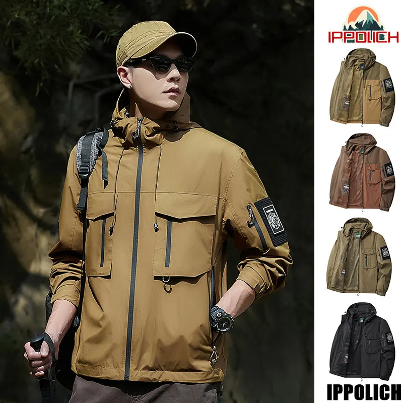 

Men Contrast Color Hiking Coat Removable Velcro Jacket Multi-Pocket Zipper Coats Outdoor Fishing Camping Breathable Hooded Coat