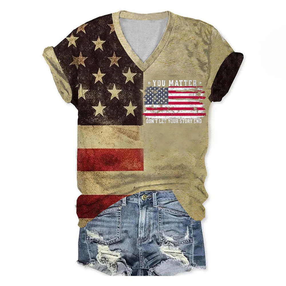 

United States Flag Print V-neck Short Sleeves T shirt Designer Women's T-shirts Summer Fashion Women Clothing Tops 2024 New