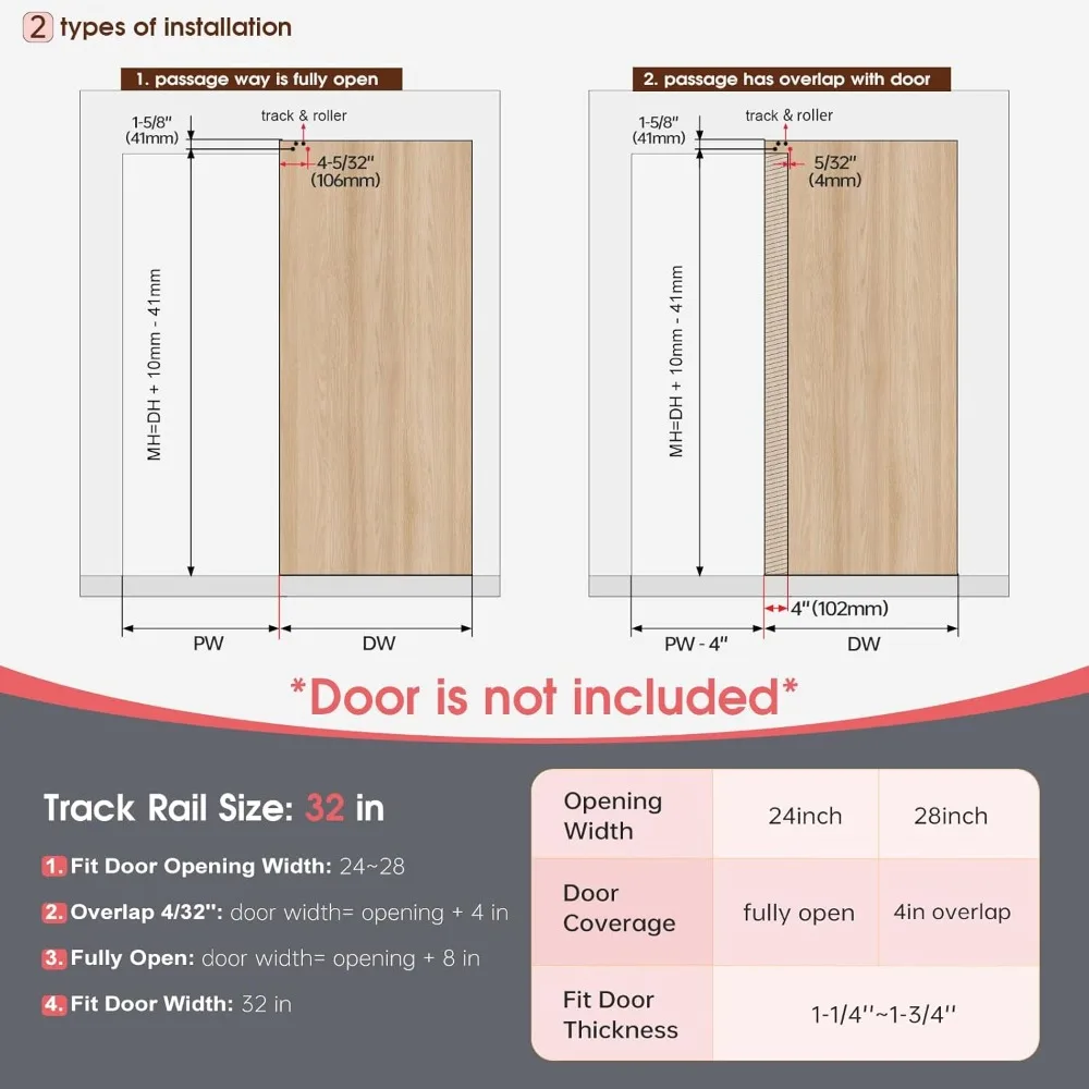 

32" Concealed Sliding Barn Door Hardware Kit for 24-28in Passage Opening, Aluminum Track System, for Interior Wooden (NO Door)