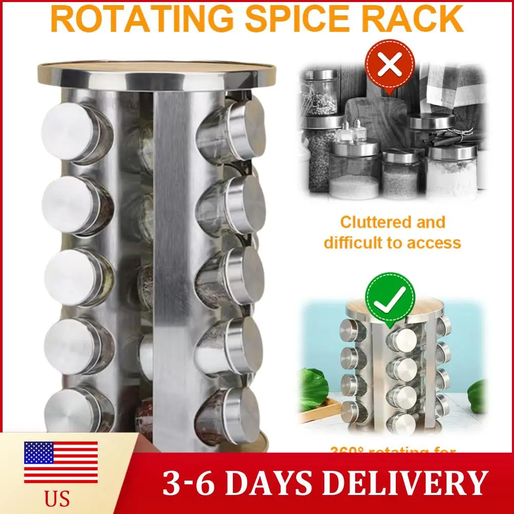 

Вращающаяся подставка для специй из нержавеющей стали на 12/16/20 баночек, органайзер для специй на столешницу, кухонная полка для специй для столешницы или шкафа