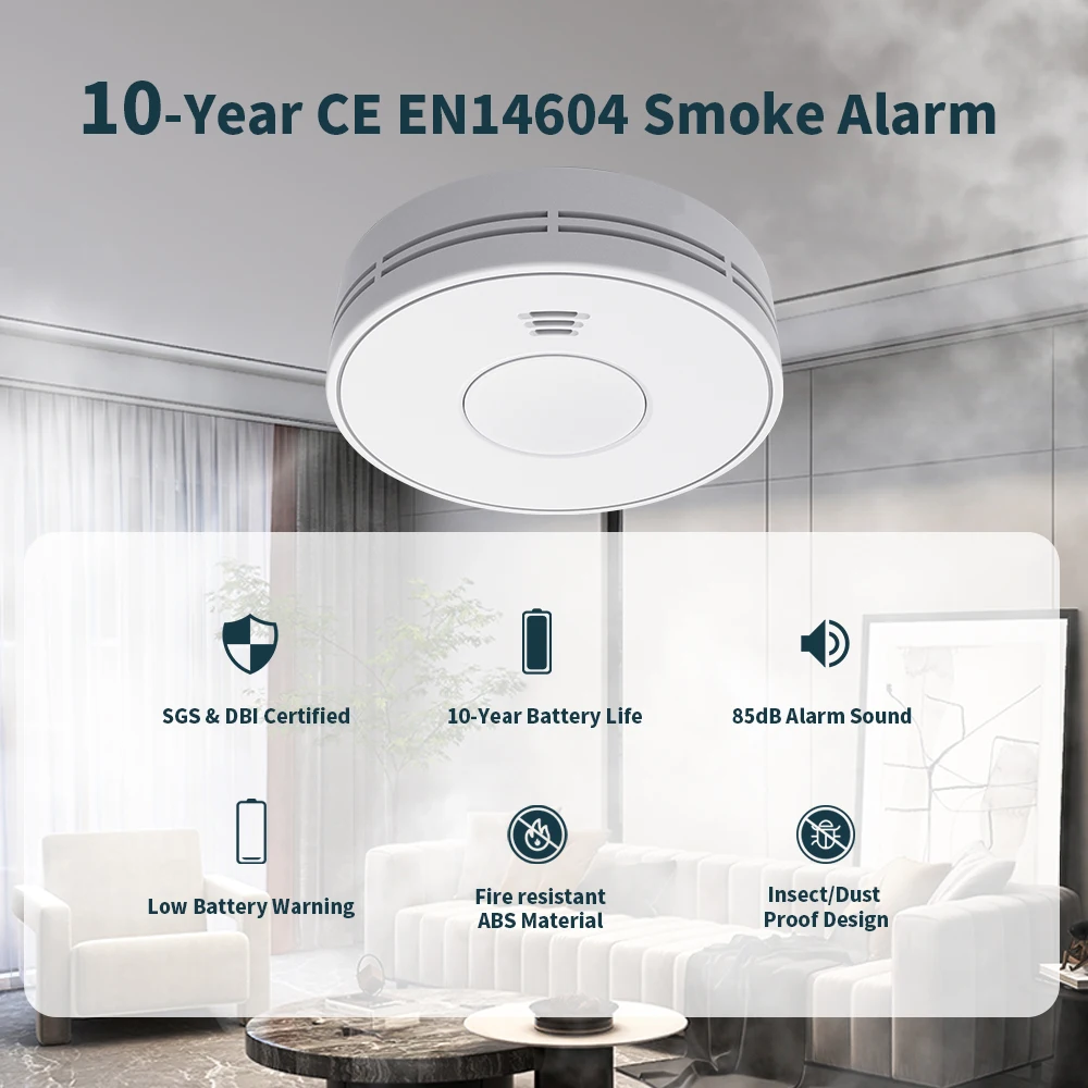 10-Year Battery  Smoke Alarms for Home,  Photoelectric Smoke Detector, Fire Alarm with LED Indicator & Silence Button VS01