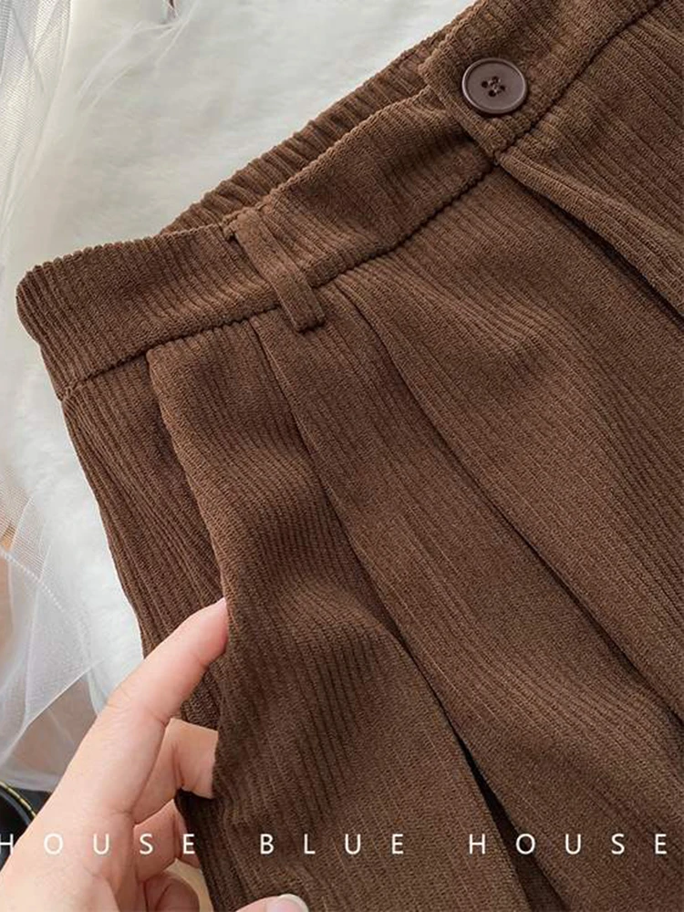 ZOKI High Waist Women Retro Corduroy Pants Fall Straight Causal Full Length Trousers Vintage Coffee Pockets All Match Pants New