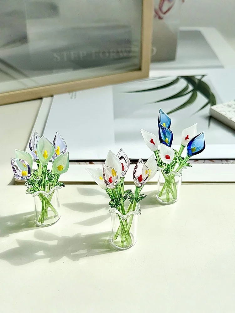 Handcrafted Glass Callalily with Stem Hand-Blown Mini Glass Flower Figurine Decoration Home Colorful Floral Ornament