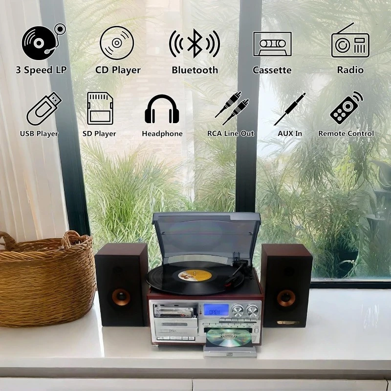 Vinyl Record Player with 15W External Speakers 10 in 1 3 Speed Bluetooth Vintage Turntable CD Cassette Player