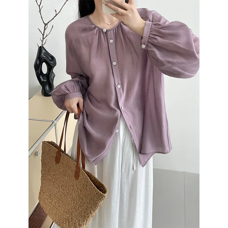 Purple Loose Lantern Sleeve Shirt Women's Round Neck Sunscreen Coat Shirt