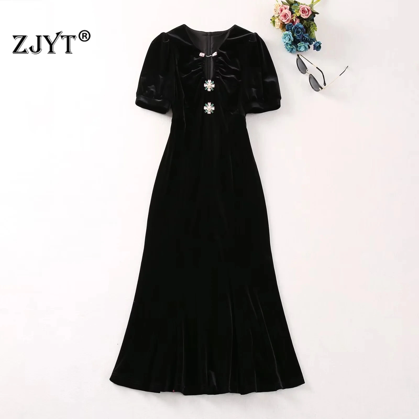 ZJYT Summer Elegant Mermaid Party Dresses for Women 2024 Runway Fashion Short Sleeve Midi Black Velvet Dress Crystal Button Robe