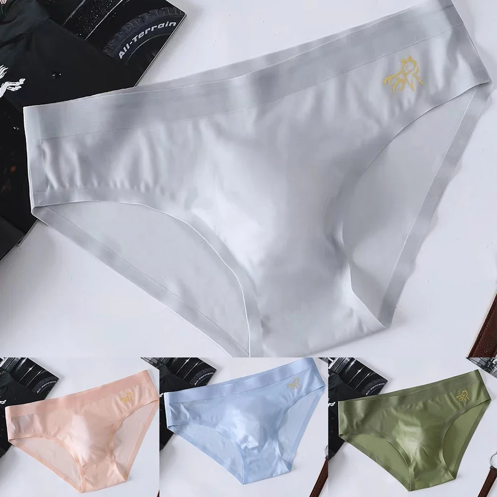 Mens Sexy Ice Silk Pouch Panties Middle Waist Underwear Seamless Breathable Briefs Solid Elastic Underpants Hombre Jockstrap