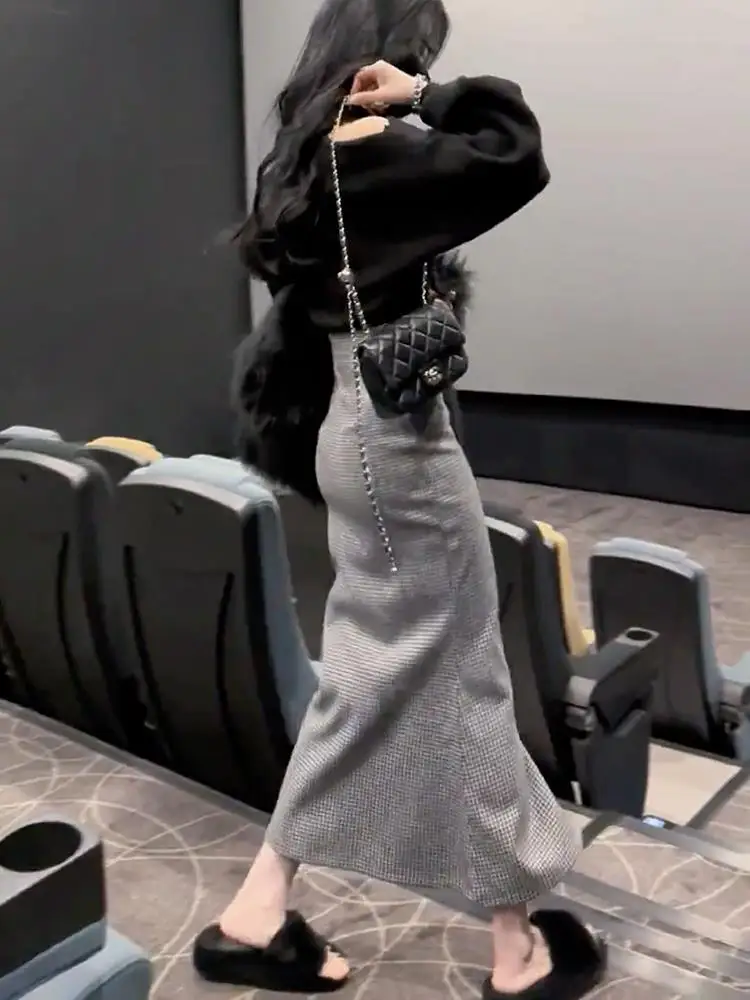 

Новая осенняя юбка в ретро-стиле, серая в клетку, с высокой талией, универсальная, средней длины, модная, для повседневной носки, в корейском стиле, больших размеров, женская юбка.