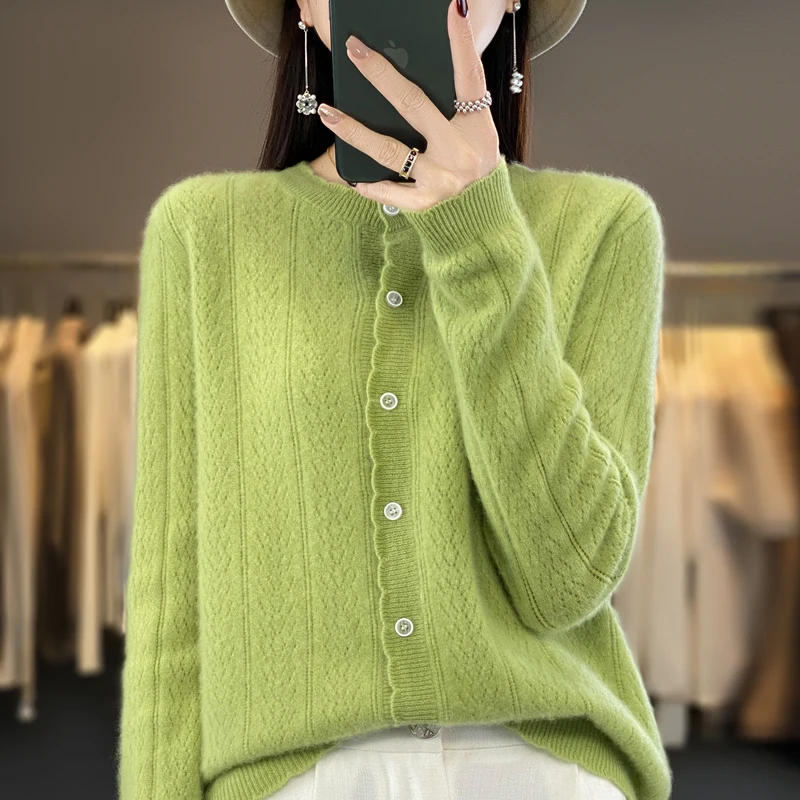 2024 Fashion Women\'s Knitted Cardigan 100% Merino Wool Korean Long Sleeve Sweater Autumn/Winter New Jacquard Knitted Cardigan