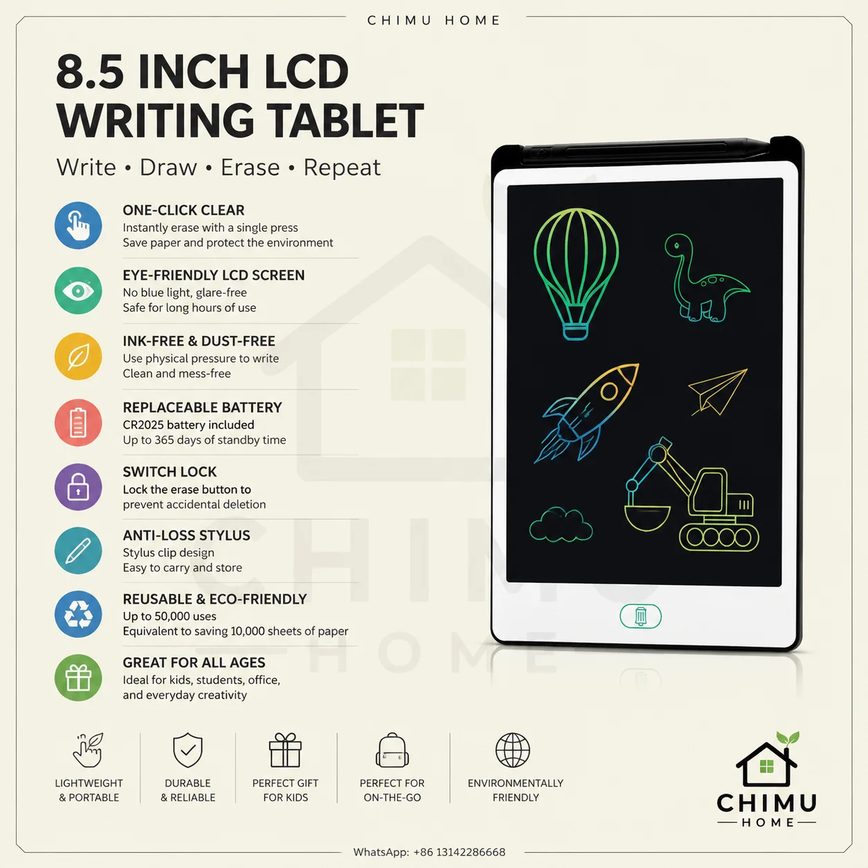【CHIMU HOME】8.5 Inch LCD Writing Tablet Drawing Board with Stylus One-Click Erase Reusable Writing Pad for Kids Office