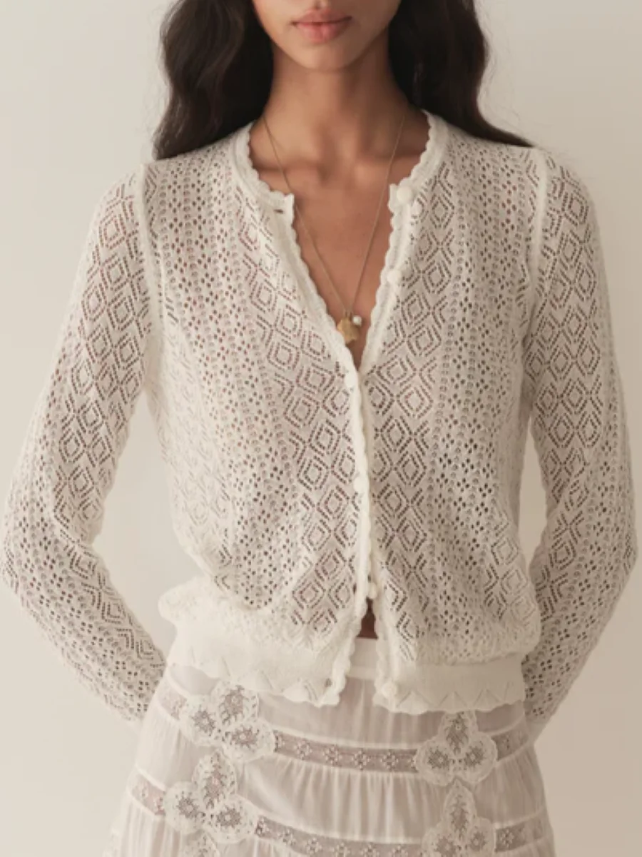 

Geometric Hollow Out Women Knitted Cardigan Round Neck Long Sleeve Single Breasted Casual Female Sweater