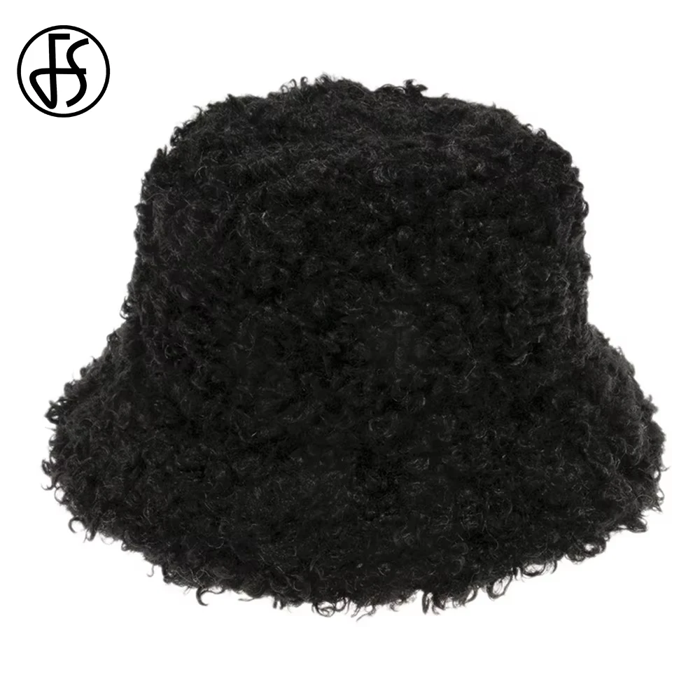 FS Black White Lambswool Panama Caps For Men Spring Windproof Bucket Hat Thicken Plush Fisherman Hats Warm Women Cap Bob Homme