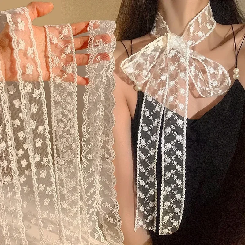 

Vintage White Lace Hair Scarf Summer Sweet Bow Headband Elegant Ribbon Scarfs for Women Hairbands 130cm Long Narrow Neckscarf