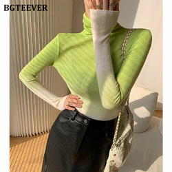 BGTEEVER Autumn Stylish Turtleneck Sweaters for Women Long Sleeve Slim Gradient Knitted Pullovers Female Winter Warm Knitwear