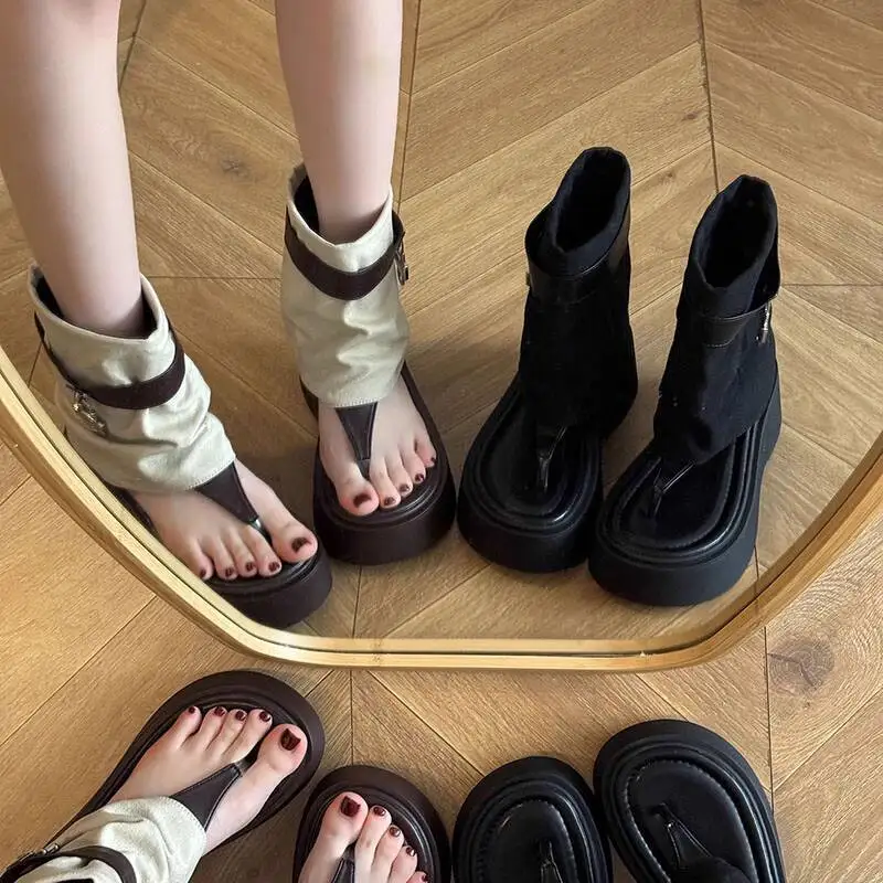 Women's Thick Sole Elevator Flip Flop Sandals 2025 Summer New Style  Niche Tube Stacked Short Roman Cool Boots