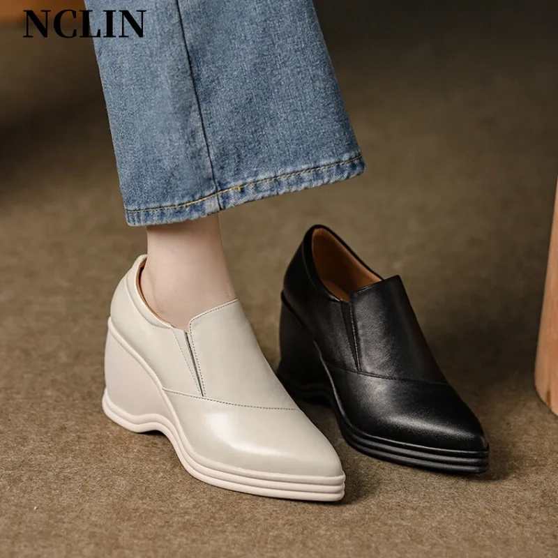 Spring/Summer Women Shoes Chunky Heel Pointed Toe Platform Shoes Women Genuine Leather Shoes High Heel Loafers Zapatos De Mujer