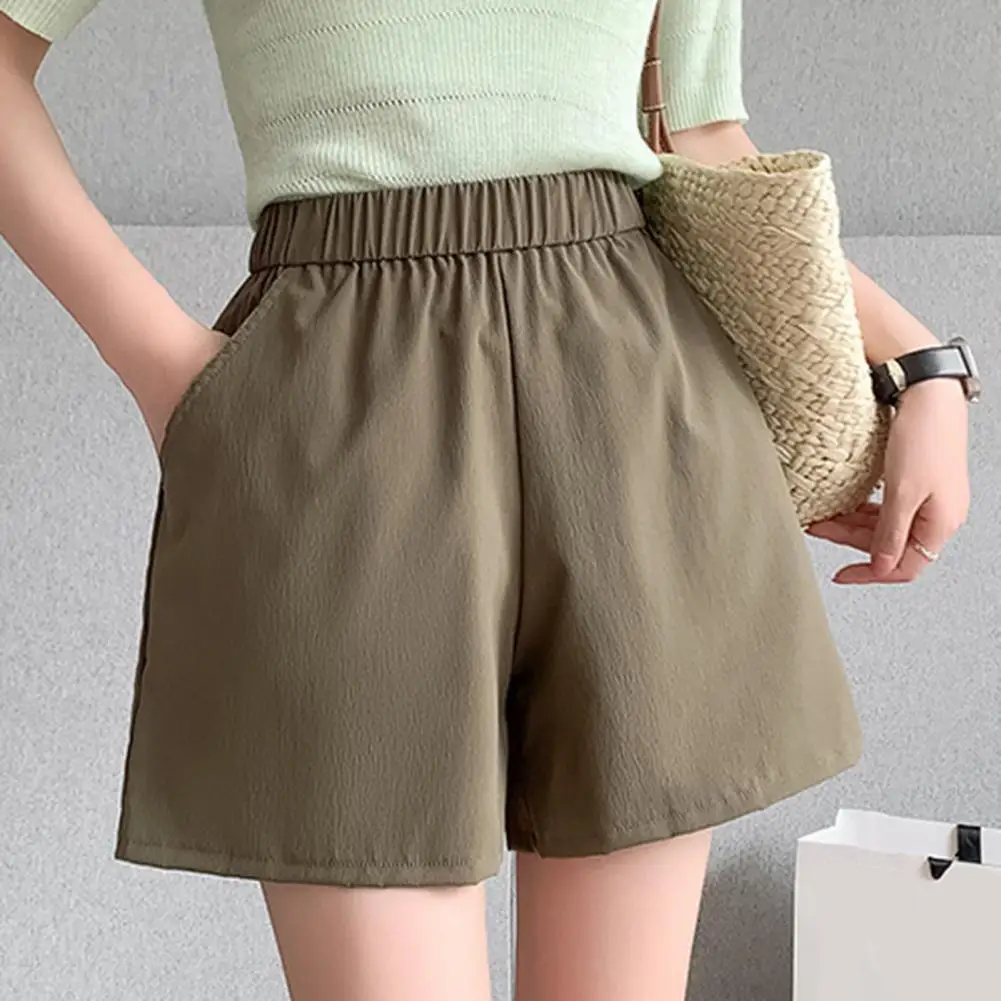 

Summer 2023 Women Shorts High Waist Elastic Waistband Pockets Thin Summer Wide Leg Suit Short Pants Streetwear