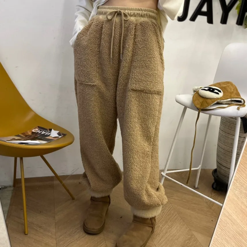 Spodnie damskie z wysokim stanem, stringi, z podszewką, z mankietami, lekkie, ciepłe, codzienne, koreański styl, regularny krój, średnio miękkie.