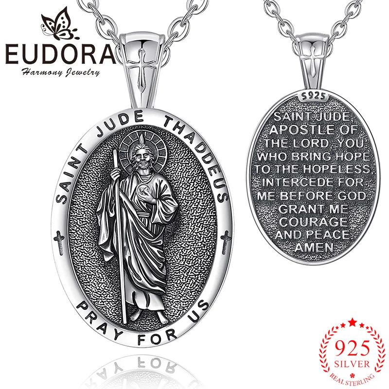 

Eudora New 925 Sterling Silver Saint Jude Thaddeus Necklace Amulet Medal Cross Pendant Christian Jewelry Religious Gift For Men