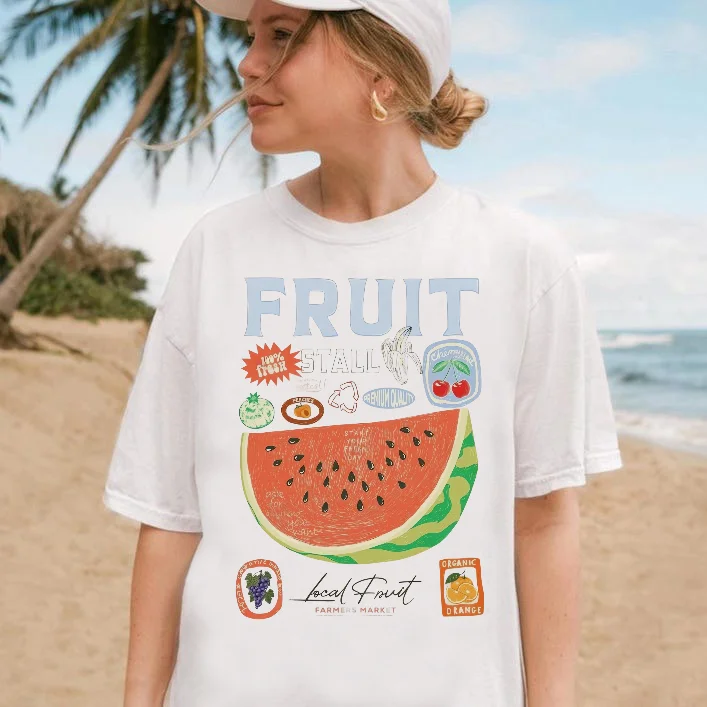 Botanical Stamp Pattern Cartoon Print Clothing Round Neck Style White Top Summer Basic Women's Short Sleeved Travel T-Shirt